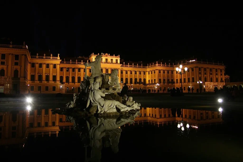 Schonbrunn Palace fountain at night